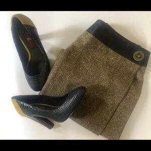 [Akris Punto] Brown Tweed Leather Wrap Skirt Sz: 8